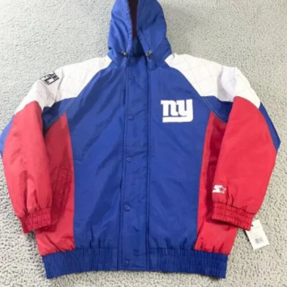 Starter New York Giants Jacket Mens Large Blue Full Zip Quilted Hooded New